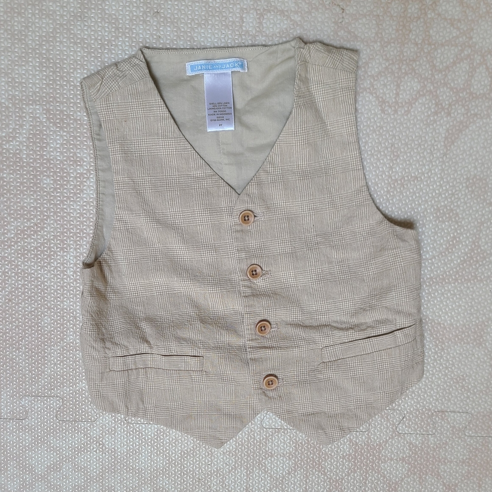 Janie and Jack 2T Tan Plaid Formal Vest Linen Blend